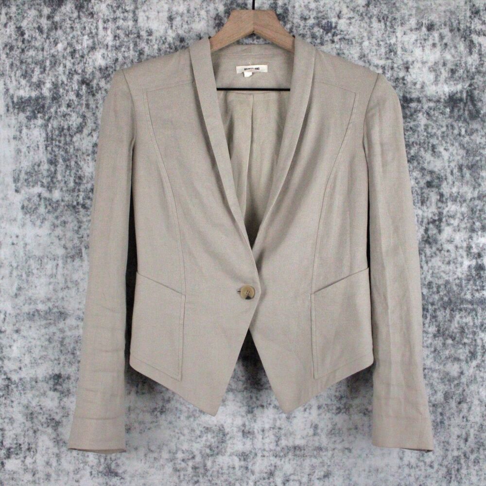Helmut Lang Womens Size 2 Beige Linen Blend One Button Cropped Blazer Jacket